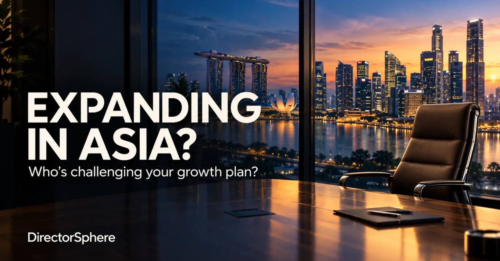An empty boardroom chair overlooking Singapore’s Marina Bay, with the words “Expanding in Asia? Who’s challenging your growth plan?”