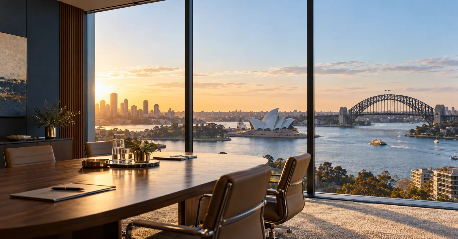 Illustration of a boardroom overlooking Sydney Harbour, the Opera House and Harbour Bridge at sunset