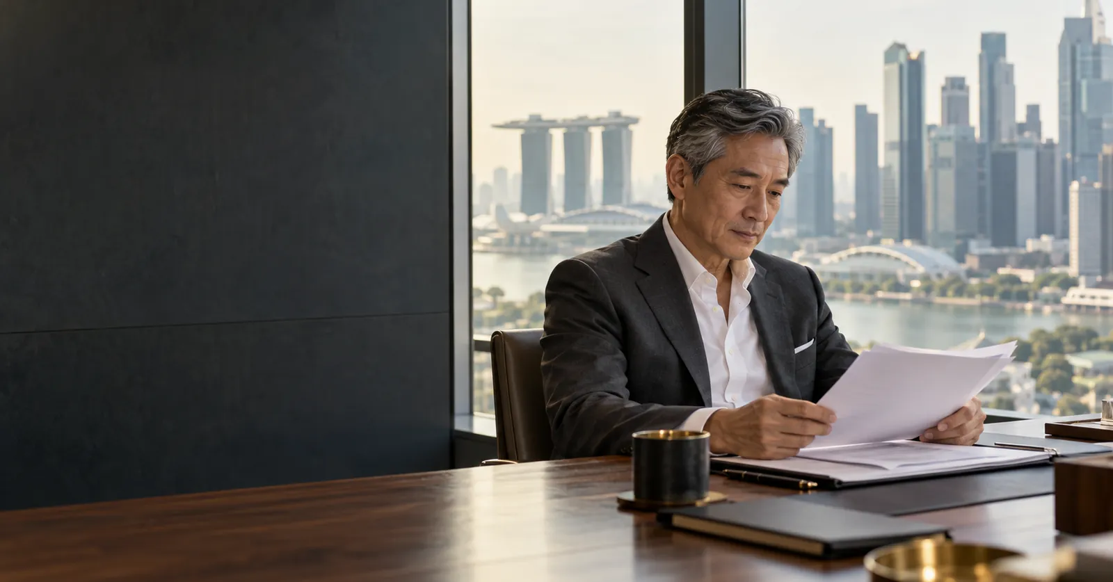 A senior executive reads board papers at a boardroom table, with the Singapore skyline and Marina Bay visible through the window behind him